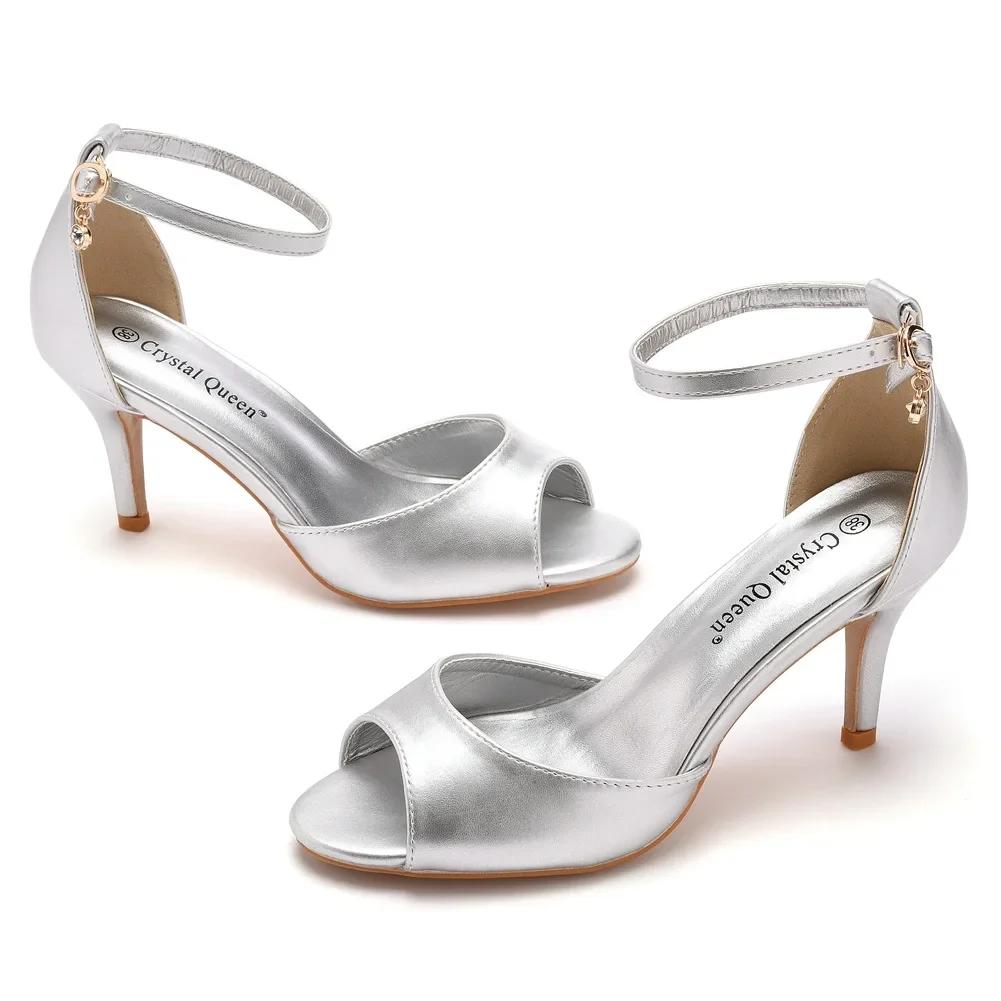 

Women Sandals Fashion Sandalias Rhinestone PU 7CM Thin Heels Buckle Strap Peep Toe Women s Shoes Casual Sky Blue Korean Style 40 срібний