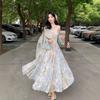 Summer high-end oil painting printing embroidery temperament neck dress fairy seaside vacation wind suspender long skirt
