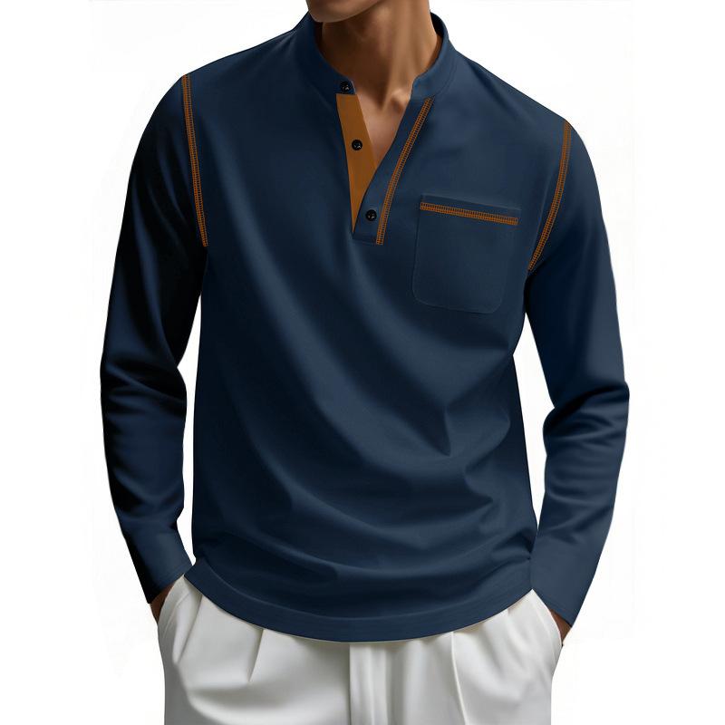 Spring and Summer Men's Long Sleeve Stand Neck Polo Polo Shirt Foreign Trade Solid Color Men's Bottom Long Sleeve