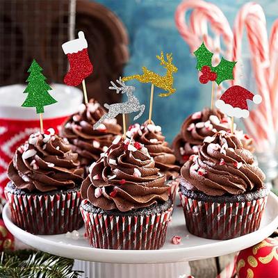24 ks vánočních topperů na cupcakes se zlatým a stříbrným motivem losa a vánočního stromku, dekorace na dort na novoroční párty