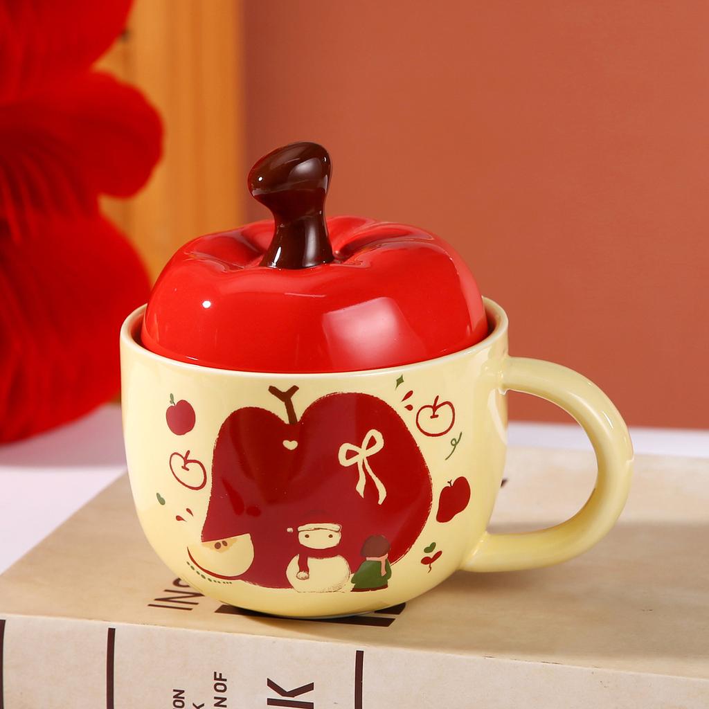 High Looking Cute Apple Ceramic Cup for Girls Souvenir Coffee Cup Water Cup Personalized Creative Mug with Lid