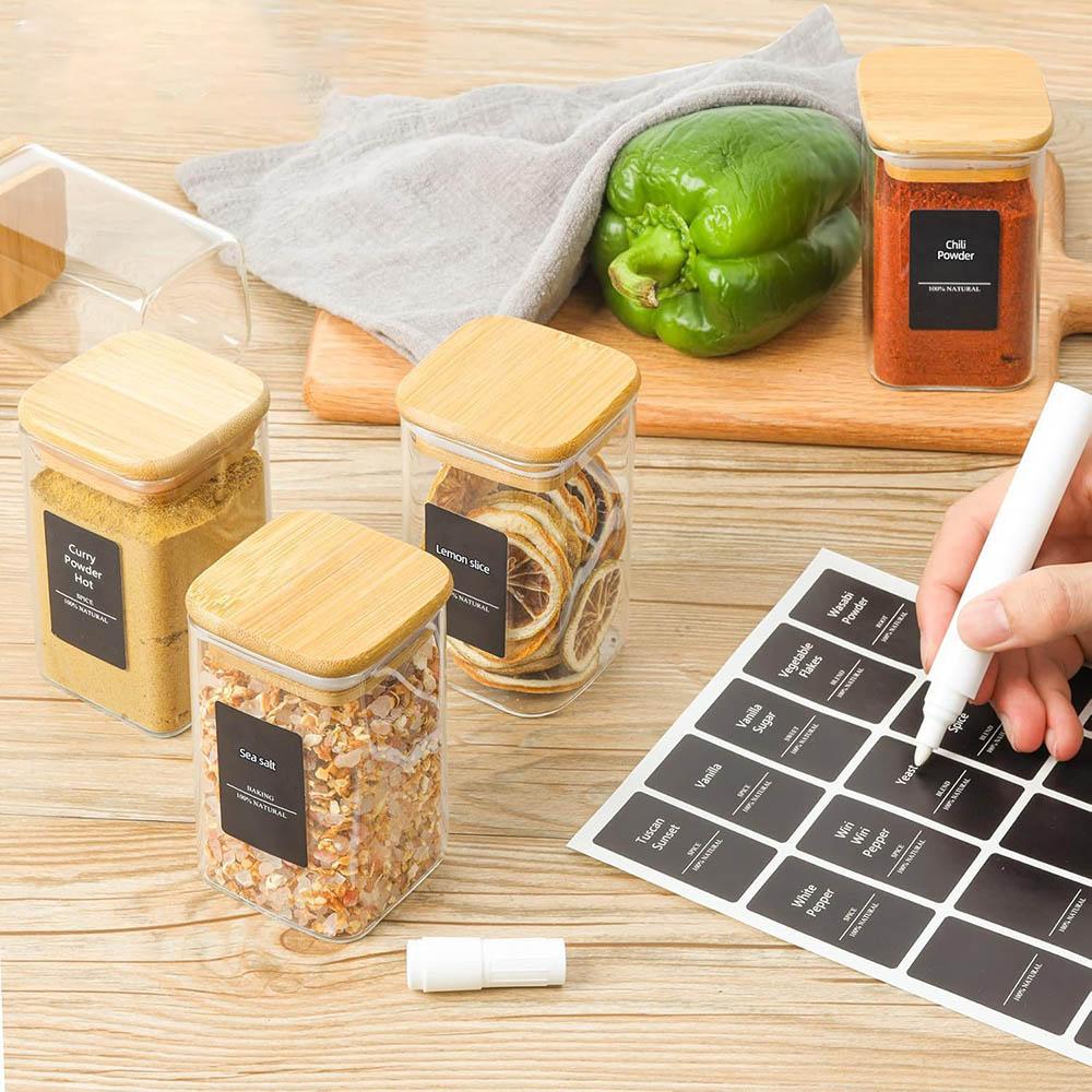 Spice Jars with Labels,Glass Seasoning Jars,Square Seasoning Containers for Salt,Pepper,Chili Powder,Sugar,Ginger Ground,Cumin