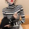 Jesień i Zima Sweter w Paski z Wysokim Kołnierzem Dzianinowa Koszulka Bazowa Damska z Długim Rękawem Unikalny Top