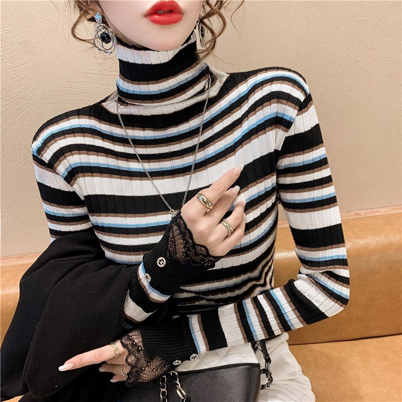 Autumn and Winter High Collar Striped Sweater Knitted Bottom Shirt Women's Long Sleeve Unique Top