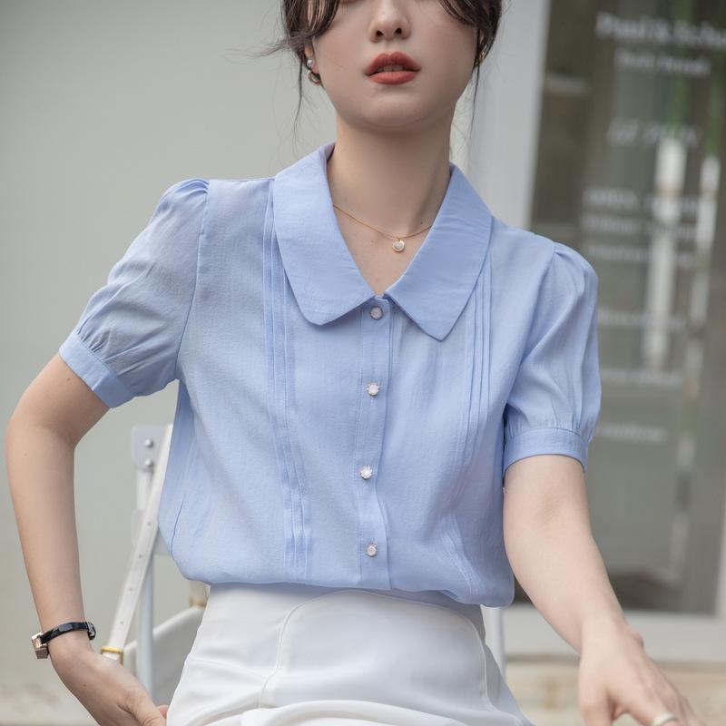 

GMXIA Женская рубашка поло с коротким рукавом и воротником, женская летняя облегающая рубашка для работы на работе XXL синий