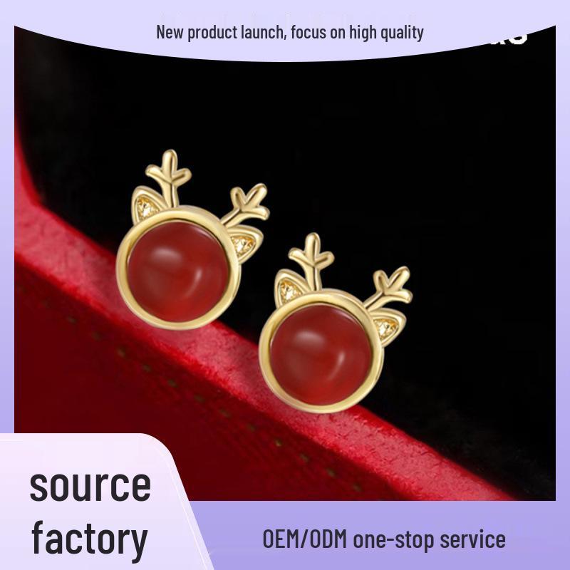 Red Agate Reindeer Stud Earrings - Elegant European & American Christmas Style for Women