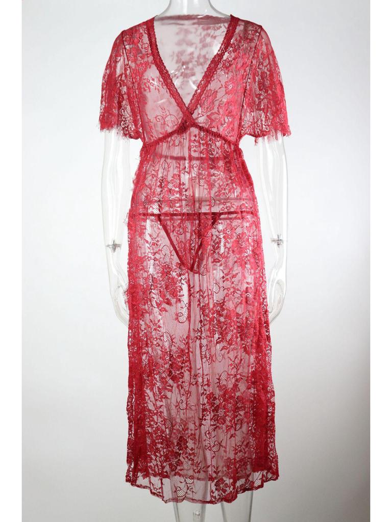 2023 European & American Sexy Lace Deep V Women’s Bodysuit with Side Opening and Long Robe