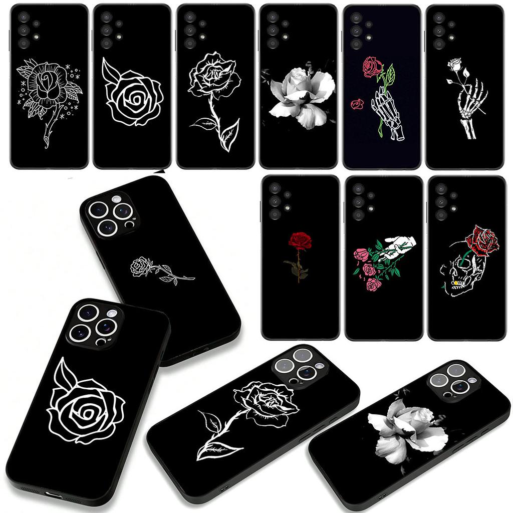 For Apple iPhone 16 15 14 Plus 13 12 Mini 17 Pro Max + ProMax 16E Air 15+ Phone Cover Case Black White Rose Flower Casing