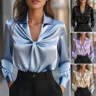 Women Shirt Lapel V-neck Knot Pleated Design Long Sleeve Pullover Tops Pure Color