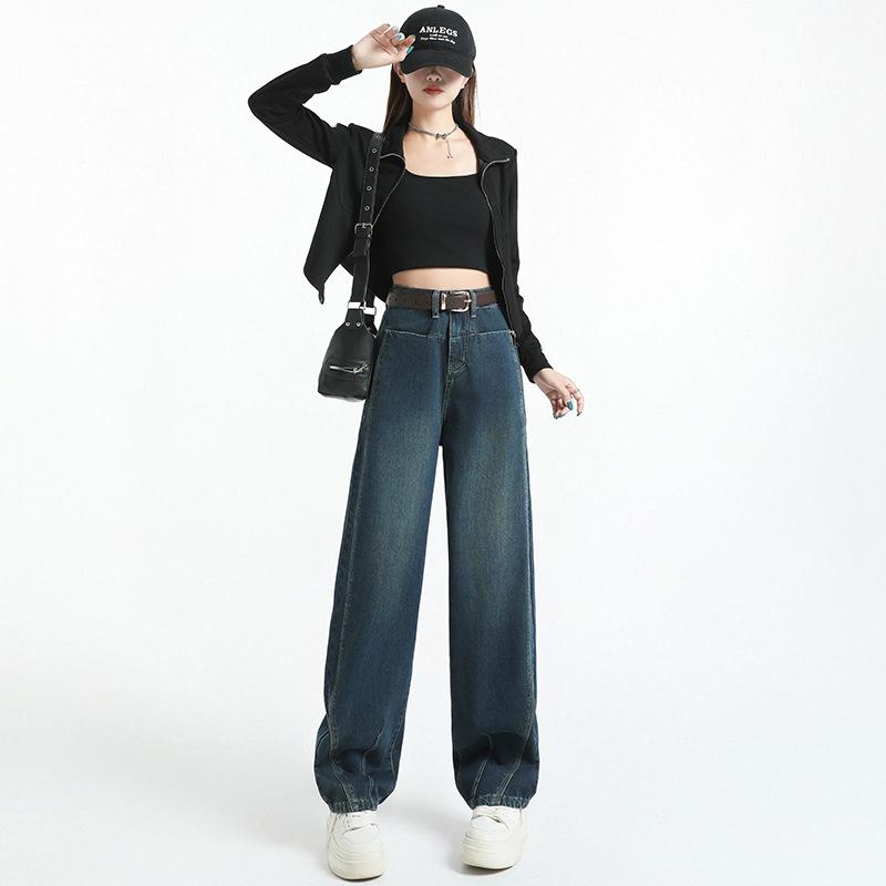 Süper İnce Sci-cut Sci-cut Pantolonlar Retro Sokak Klasik Bol Geniş Paça Kadınlar için Sonbahar Kot