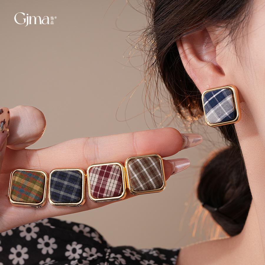 Silver Needle Retro Hong Kong Style Square Fabric Plaid Earrings Earrings Autumn and Winter Personality Earrings Women