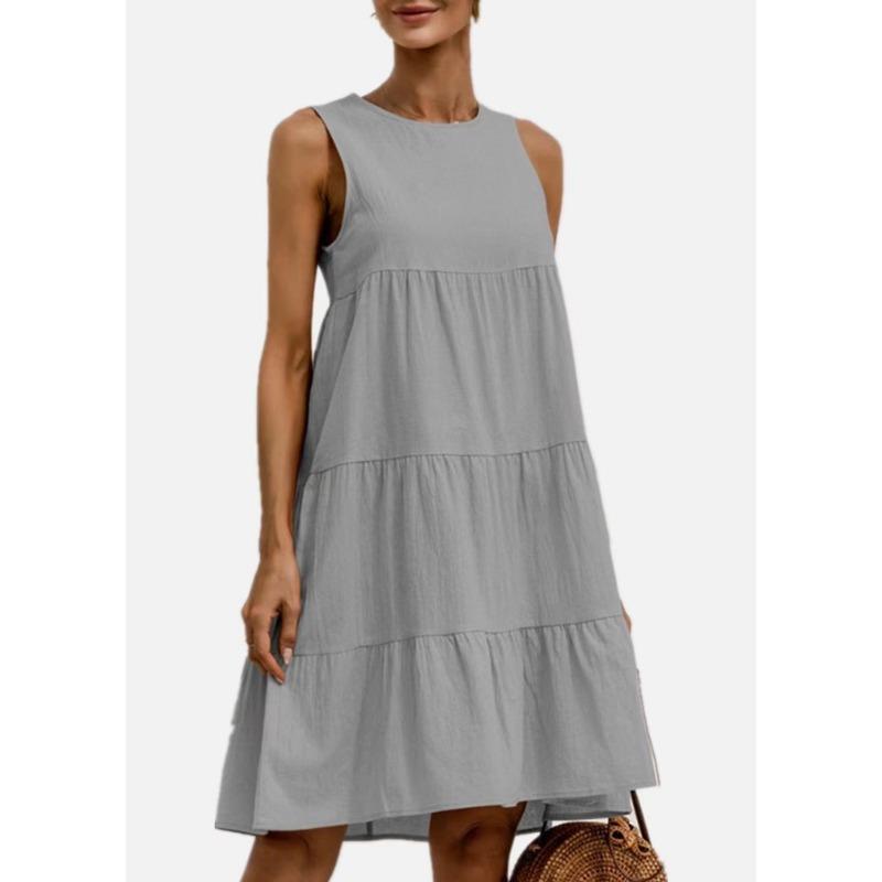 Plus-size Women's Sleeveless Patchwork Loose Round Neck Solid Color Dress