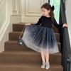 Children's Dress Girls' Long Sleeved Fluffy Dress Splicing Gradient Starry Sky Gauze Dress
