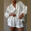 Women Casual Cotton Linen Ruffle Shorts Suits Long Sleeve Drawstring Linen Pullover 2 Ps Set Summer Ladies Beach Outfit Blouse