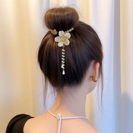 Lady Ponytail Claw Shiny Rhinestone Faux Pearl Long Tassel Flower Multi Teeth Stainless Hair Decoration Lightweight Bridal Hair Bun Clipper