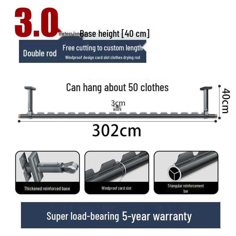 Aluminum Windproof Balcony Drying Rod - Top-Mounted, Hole-Punching Design for Secure Clothes Hanging