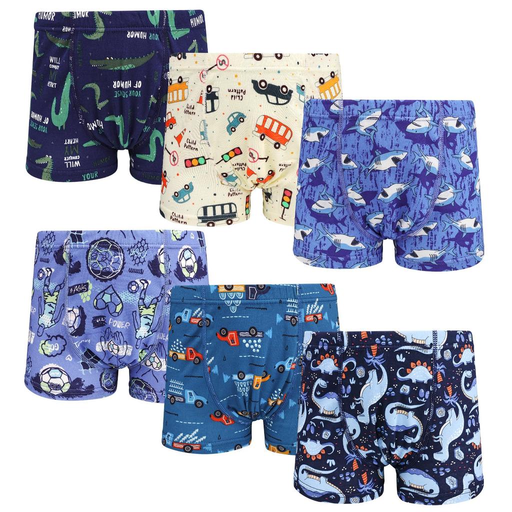 MooMoo Baby Boys' Boxer Briefs, 100% Cotton, Set of 6, Kids' Underwear, Cute Dinosaur, Shark, and Car Designs, Size 140