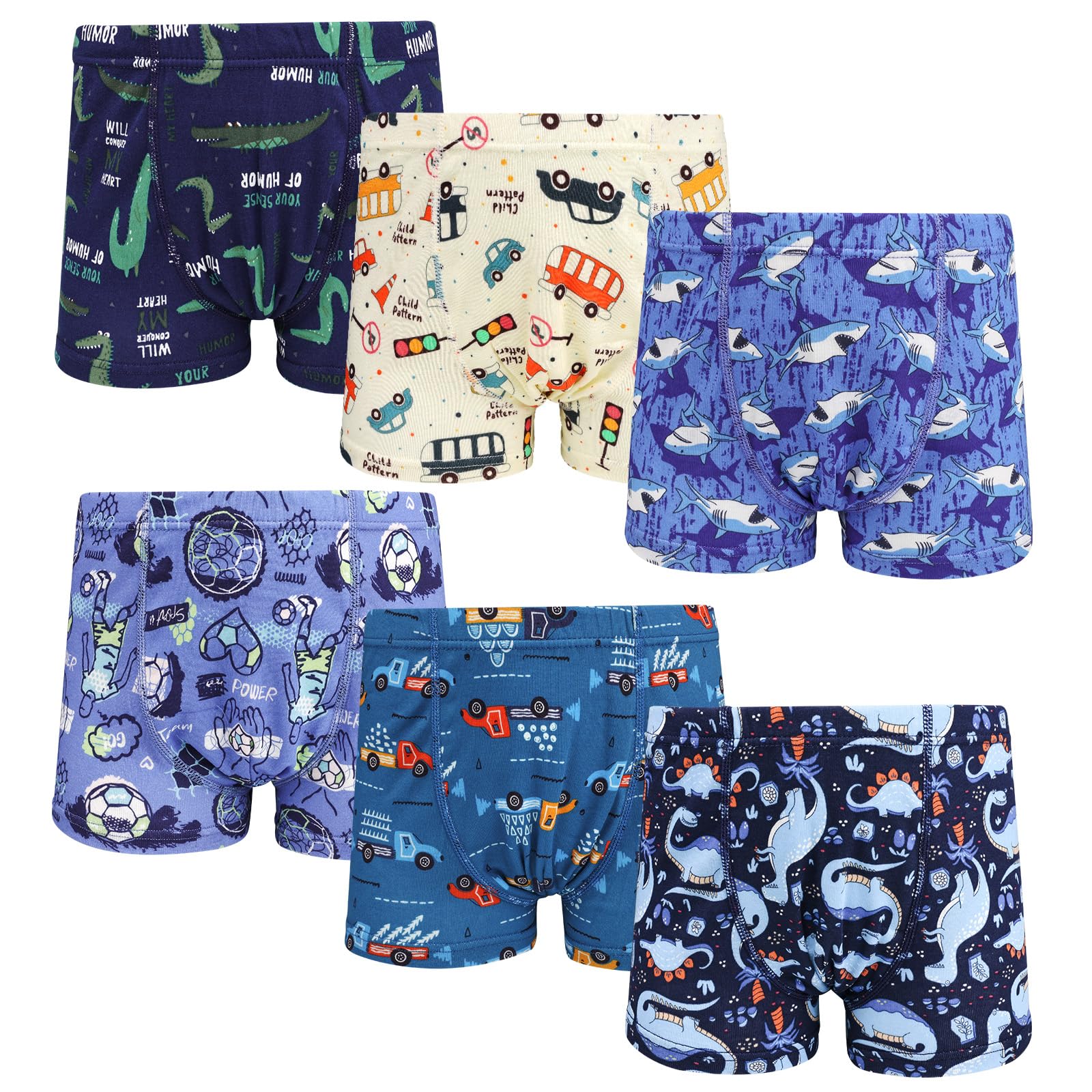 

MooMoo Baby Boys Boxer Briefs, 100% Cotton, Set of 6, Kids Underwear, Cute Dinosaur, Shark, and Car Designs, Size 140