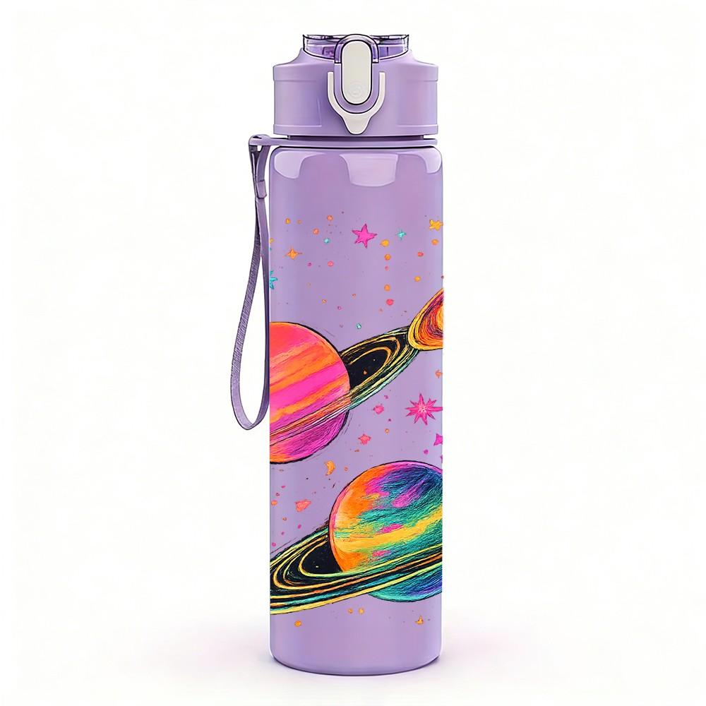 1PC Rocket Planet Outer Space Pattern 750ml Color Plastic Sports Water Bottle Leakproof Flip Straw Lid Suitable for Sports Office Home Use