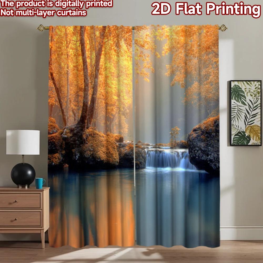 2D flat printing 2pcs Window Treatment Curtains Autumn Waterfall Nature Scenic Digital Printed Polyester Drapes Seasonal Party & 100×220