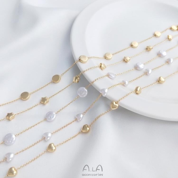 14K Gold-Filled Peach Heart Star Spacer Chain with Baroque Imitation Pearl for DIY Necklace Crafting