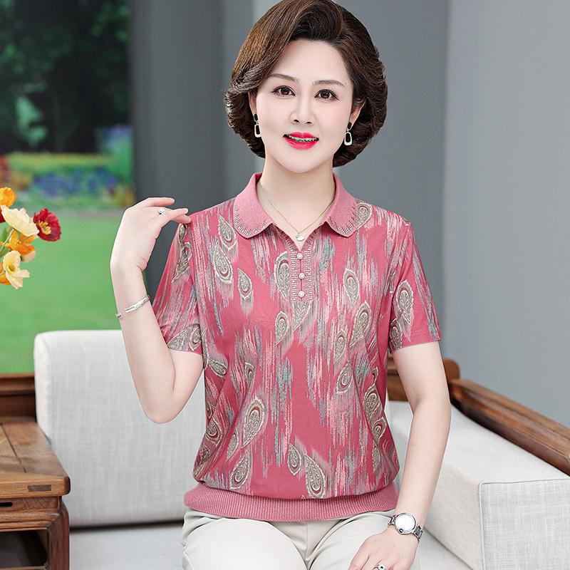 

Summer Ice Silk Lapel T-Shirt for Mothers - Plus Size, Short Sleeve Chiffon Top, Stylish and Lightweight. L (80-100 lbs) розовый
