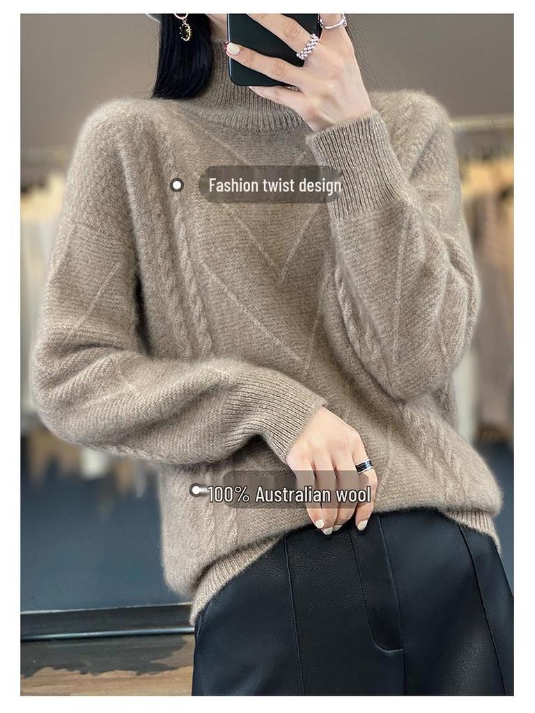 Women's 100% Wool Knitted Sweater - Autumn/Winter, Thick, Semi-High Neck, Lazy Style