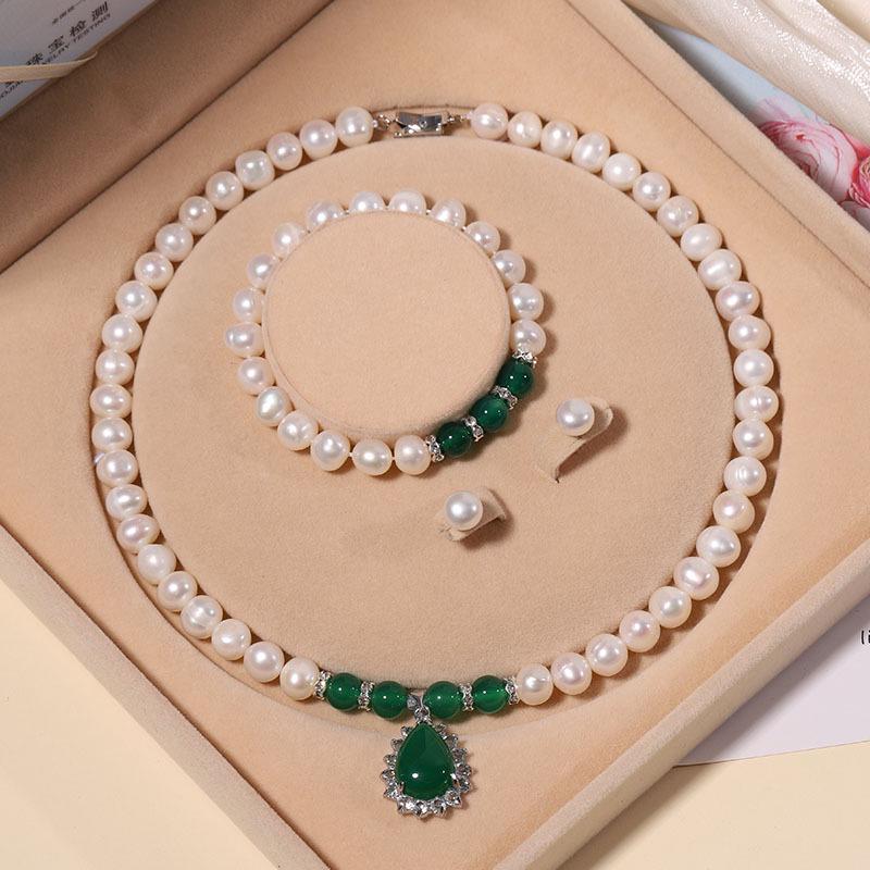 Zhuji Natural Freshwater Pearl Necklace Set: Green Water Drop Design - Perfect Mother's Day Gift