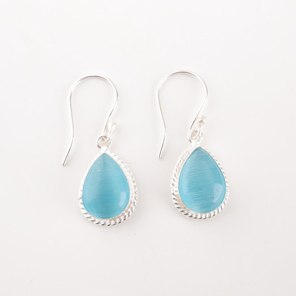 Genuine Blue Cat's Eye Gemstone 925 Solid Silver Jewelry Handmade Earrings 1.40" EE-9-42