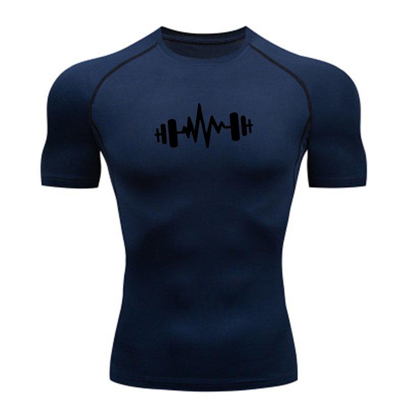 Men's Compression Workout T-Shirt, Dumbbell Heartbeat Printed Quick Dry Breathable Athletic Shirt for Gym Training Runni