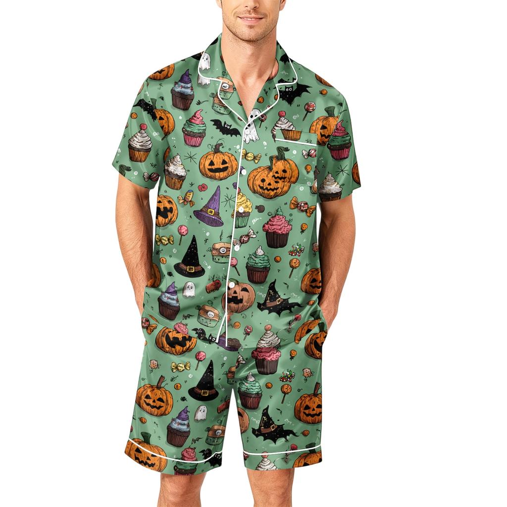 Men's Short Sleeve Pajama Set Button Down Shirt with Curved Hem and Matching Shorts Soft Casual Sleepwear Available In Sizes S To XXXXL