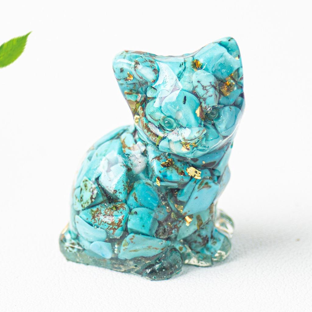 Natural Crystal Gravel Resin Sitting Turning Face Cat Figurine With Gold Foil Cute Desktop Decor For Home Office