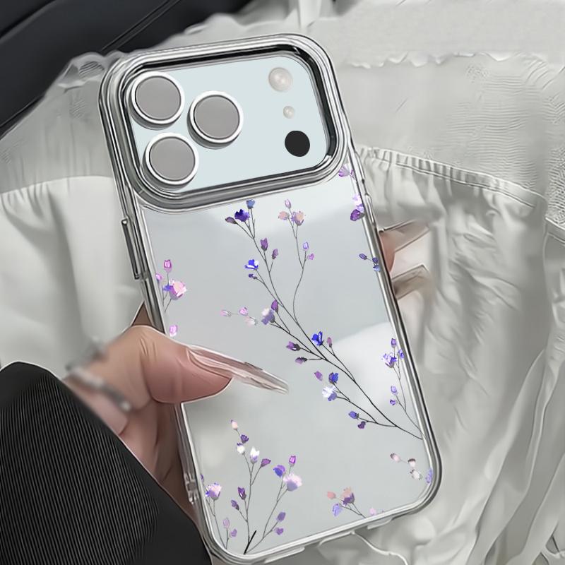 Blue Purple Flower Pattern Case For iPhone 17 Pro Max Plating Lens Frame Clear Soft Cover For iPhone 16 15 14 13 Pro Max 11 16E 17E