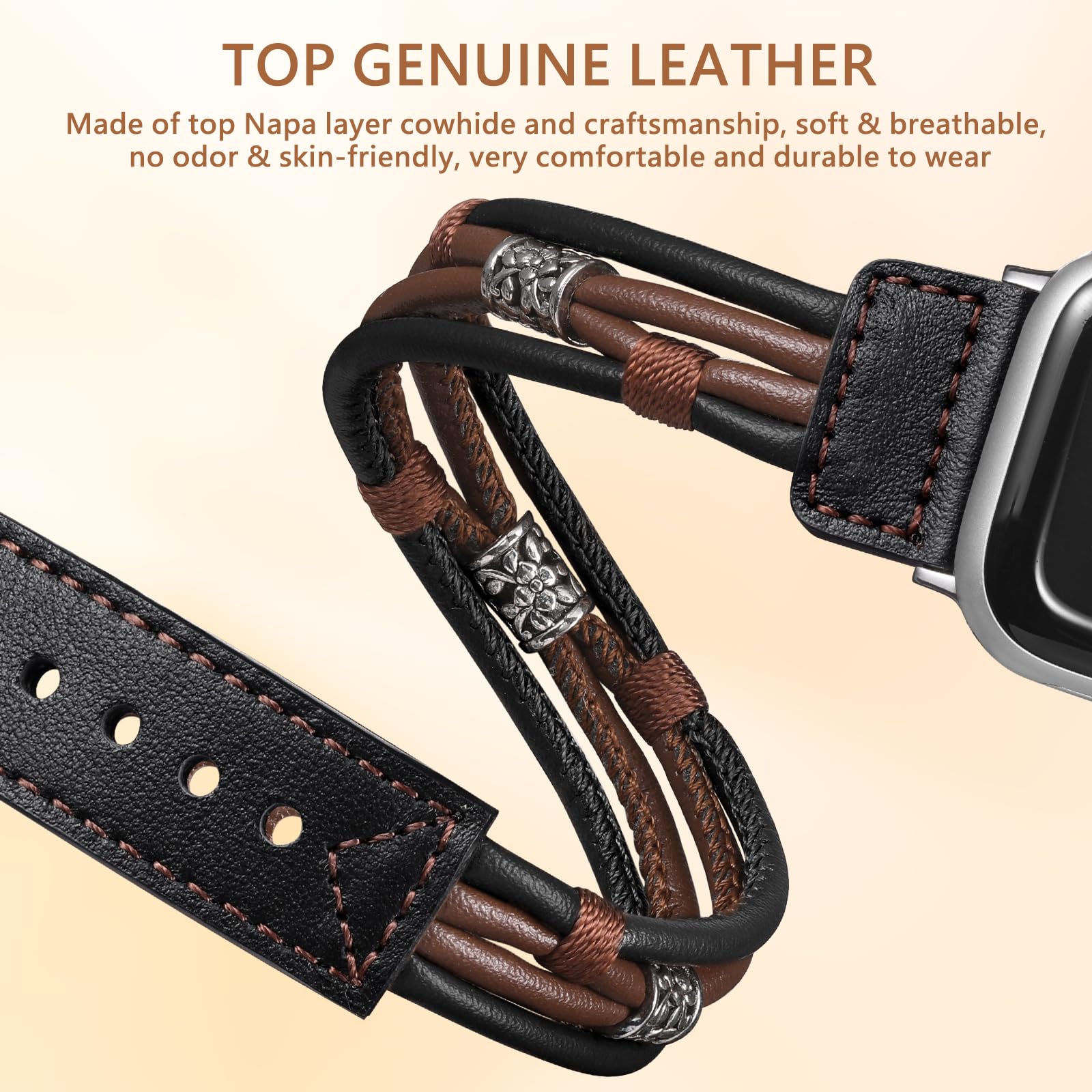 

S/M Size Ethnic Style Double Circle Strap for Apple Watch Series 10 42mm/9 8 7 41mm/6 5 4 SE (2022) SE (2023) SE 40mm/3 2 1 38mm Cowhide Watch Band Brown