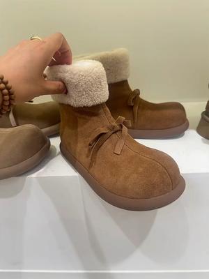 Nai Pie~ Fur Integrated Fleece Warm Fluffy Cotton Boots Women's Retro Wind Short Boots Bow Non-slip Snow Boots