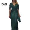 Kvinner aftenkjole Delte ermer Dyp V-hals Skinnende paljett Slim Fit Tight midjeknute Plissert Full lengde Ensfarget Lady Ball Bankett Maxikjole