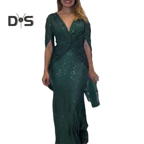 Kvinner aftenkjole Delte ermer Dyp V-hals Skinnende paljett Slim Fit Tight midjeknute Plissert Full lengde Ensfarget Lady Ball Bankett Maxikjole