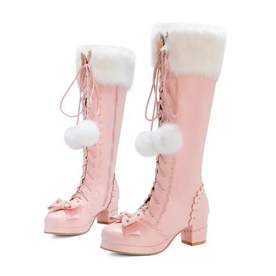 Moda Lolita Wysokie Kozaki Zimowe Ciepłe Futro na Cholewce Dziewczęce Buty Księżniczki Cosplay Party JK Sznurowane Kokarda Gruby Obcas Boczny Zamek Skóra PU