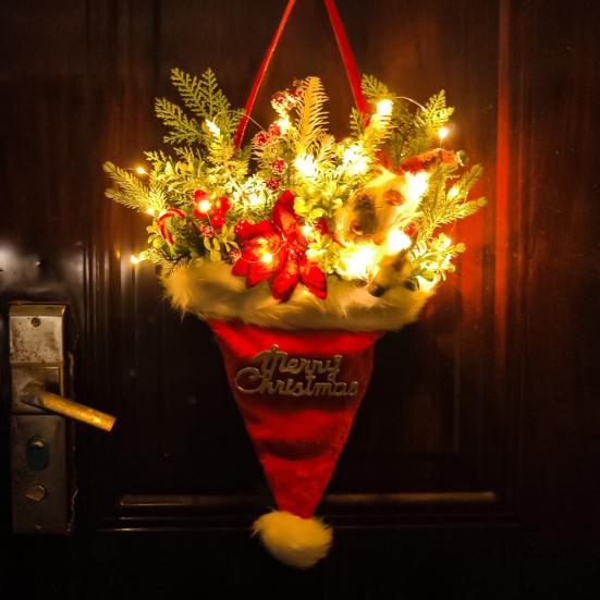 Christmas Hat Wreath LED Lighted Santa Hat Wreath with Artificial Pine Cones Red Berries