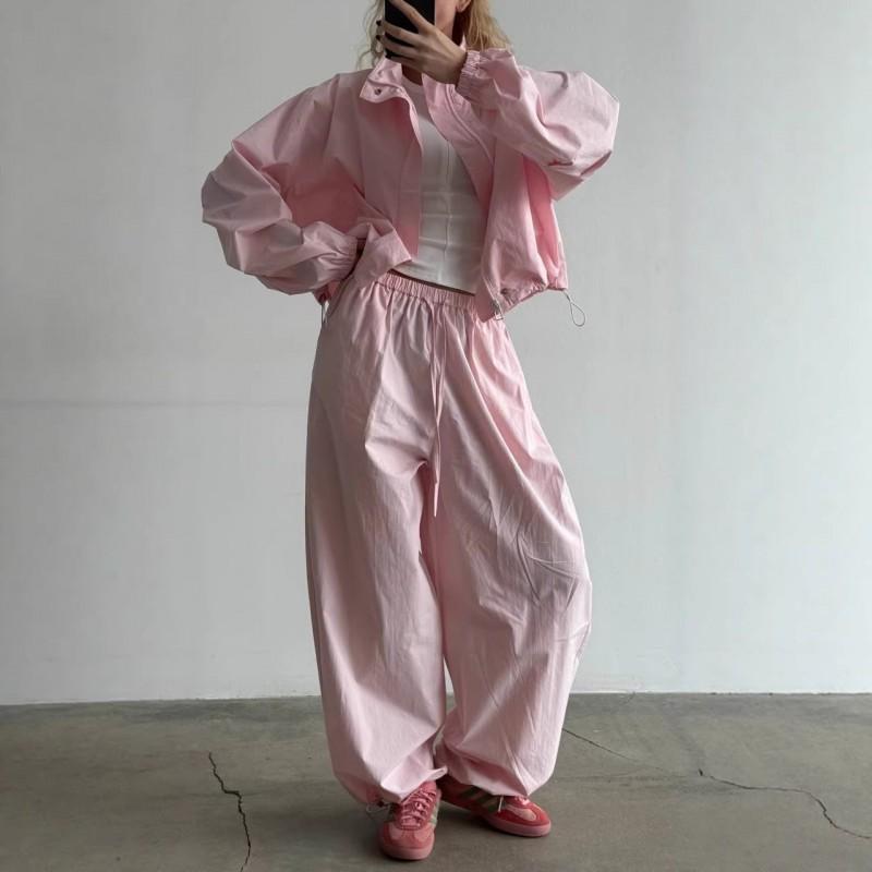 Womens Casual Fashion Solid Color Drawstring Tracksuit 2 Piece Set Long Sleeve Jacket Pants Streetwear
