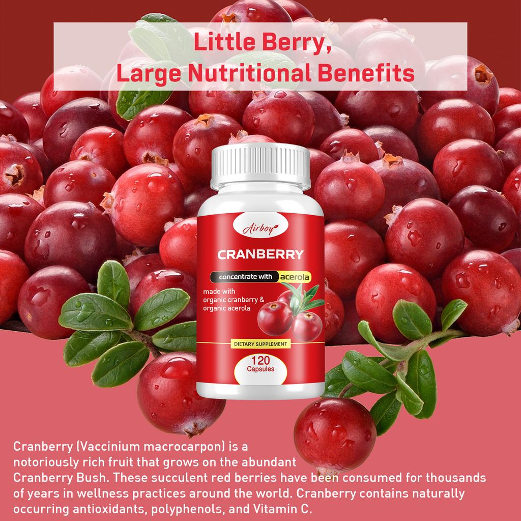 Airboy Organic Cranberry Capsules Contain Acerola Cherry, 100:1 Fresh Cranberry Extract, and Organic Ingredients.