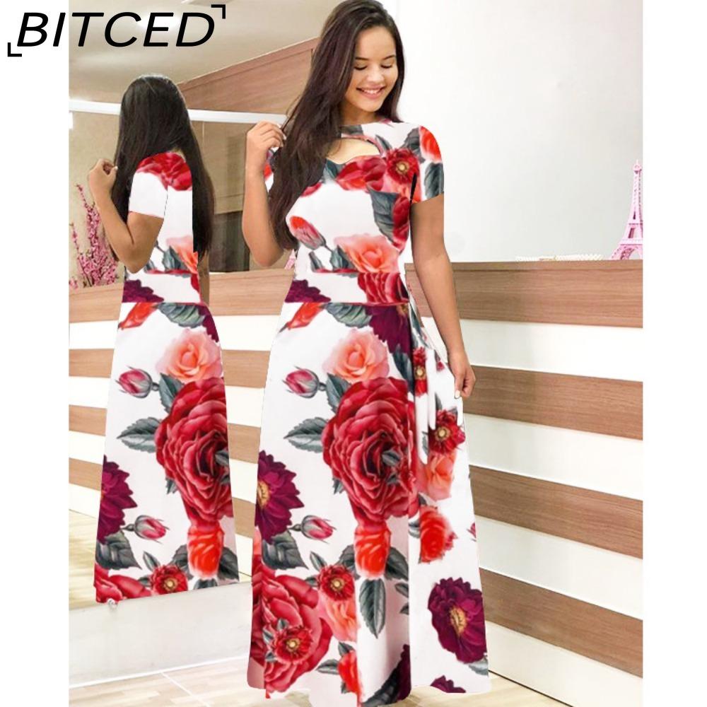 

BITCED Богемное платье с цветочным принтом, с длинным рукавом, женское, весна-осень, длинные платья, круглый воротник, большой клёш XXXXXL