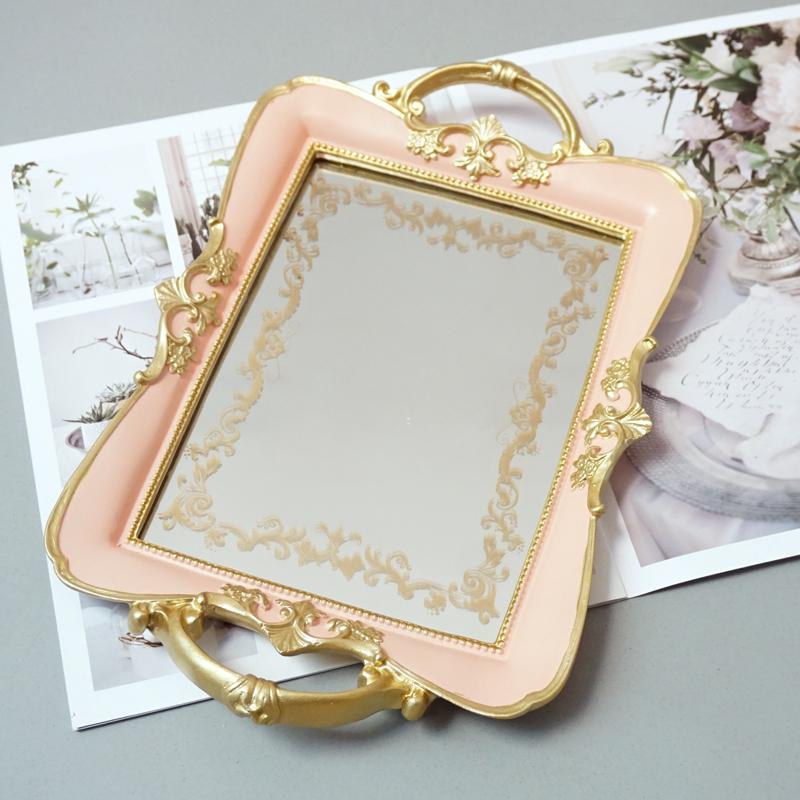 European Style Glass Mirror Tray Retro Carved Resin Wedding Dessert Table Decoration Storage