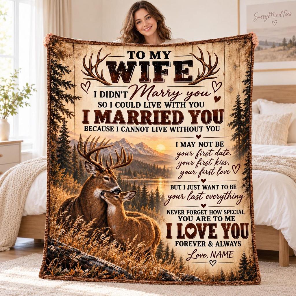 Personalized To My Wife Deer Fleece Blanket, Custom Name Rustic Woodland Couple Throw, Romantic Love Quote Anniversary Gift for Wife