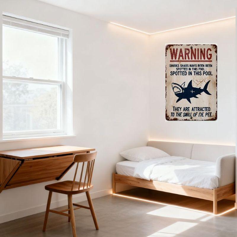 Vintage Weathered Metal Warning Sign, Sharks Spotted (Typos) with Shark Graphic, Humorous 'Smell of Pee' Warning for Pool Decor,
