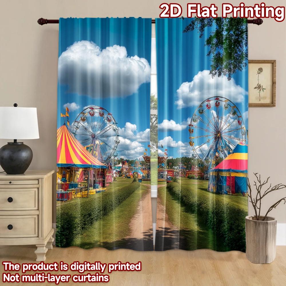 2D flat printing 2pcs Scene Curtain Carnival Ferris Wheel Fun Sky Digital Printed Polyester Drapes Birthday Party Perfect for