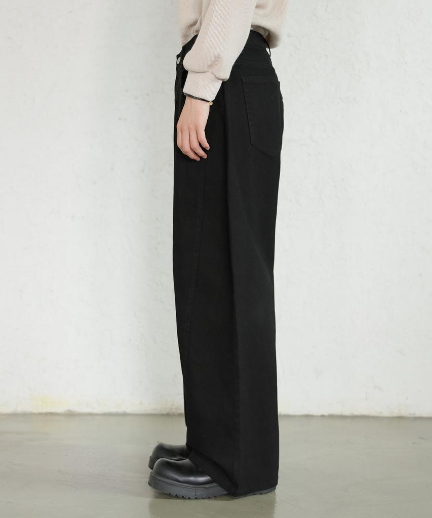 Jikeulib Black Curved Cut-Line Wide Cotton Pants