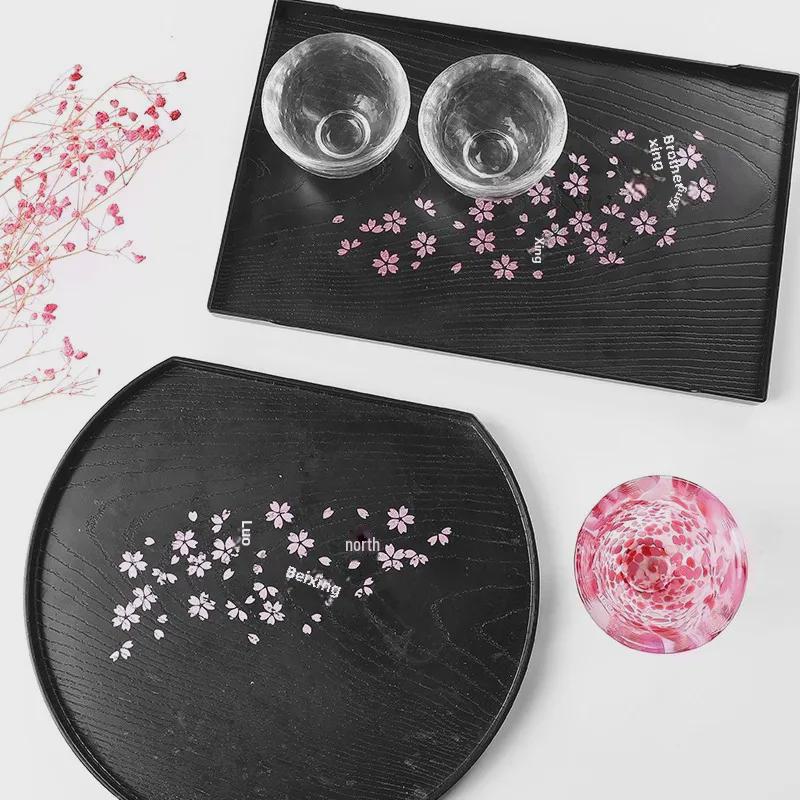 Japansk Kirsebærblomst Plastbrett - Rektangulært/Rundt, Imitert Trefiber, for Tekopper & Frukt, Svart