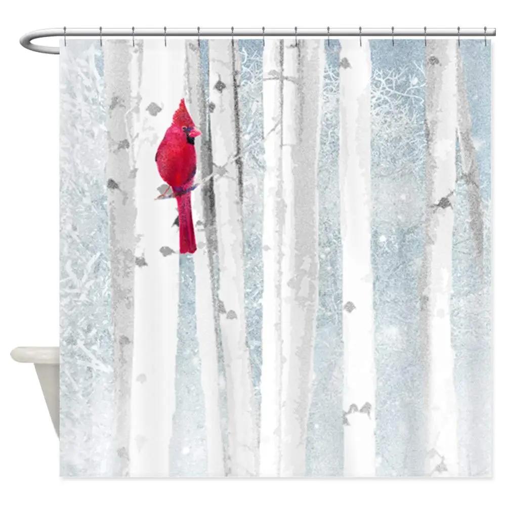

Red Cardinal Bird Snow Birch Trees Decorative Fabric Shower Curtain W90xH180cm