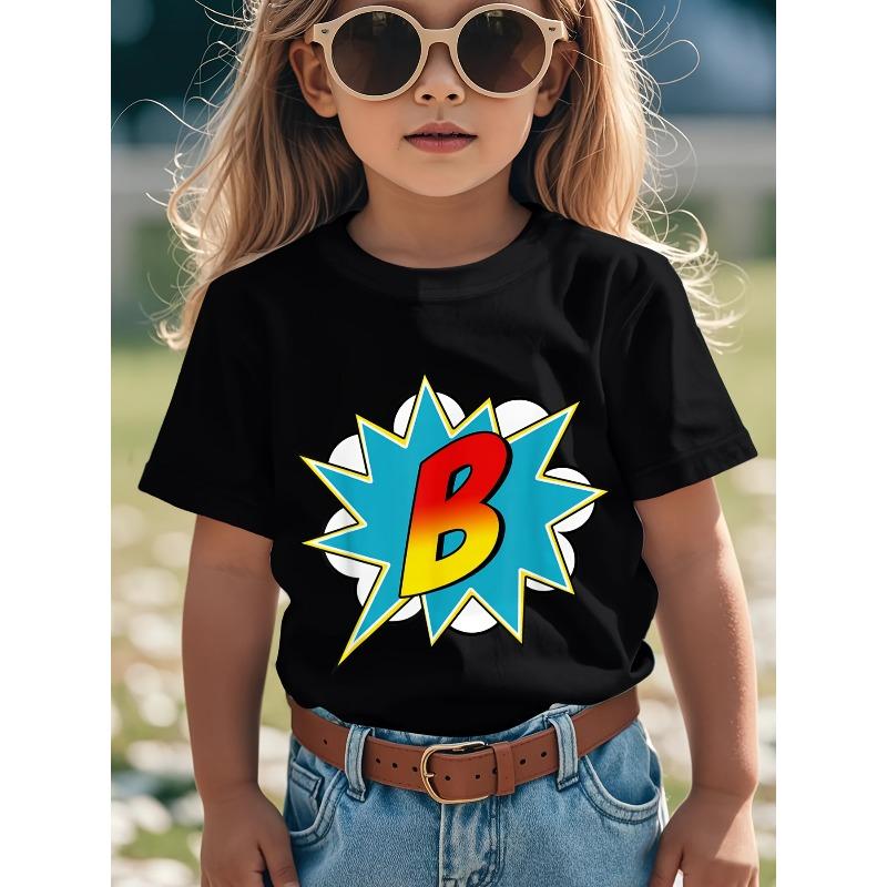 European Sizes ' B-Superhero  T-Shirt - Letter B Logo & Comic Explosion Print Short Sleeve Tee, Casual Party Outfit